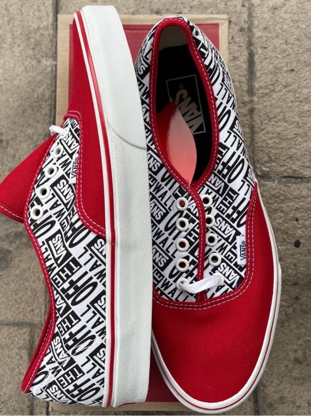 Vans Red, White and Black Logo-Print Low Top Sneakers